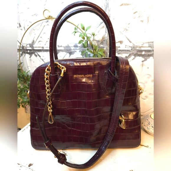 Michael Kors Mercer Crocodile-Embossed Leather Dome Satchel w/Gold Accents - Picture 1 of 14
